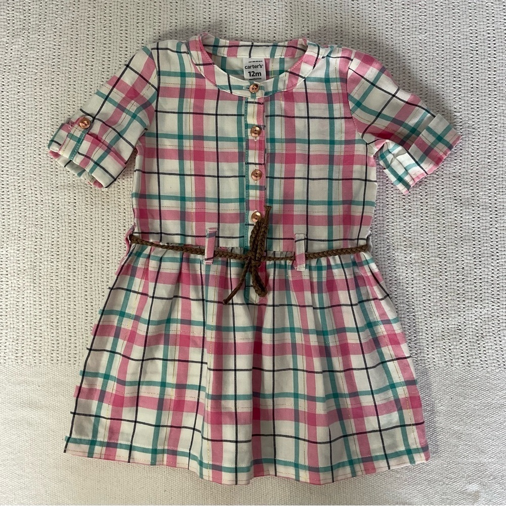 Carter's Pink and White Pleated Sundress with 3/4 Cuffed Sleeves